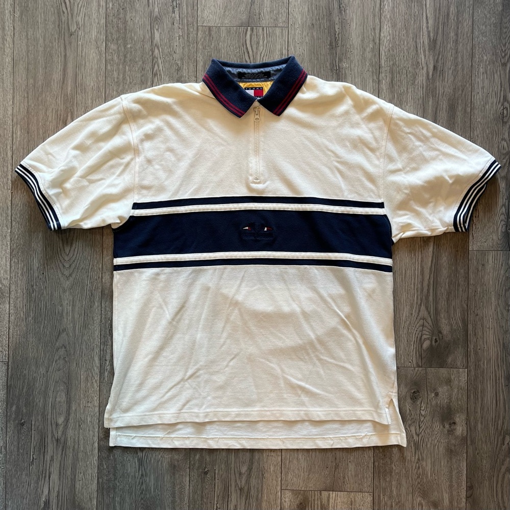 Tommy Hilfiger Men’s Short Sleeve Vintage Colorblock Stripe Polo XL HTF Navy Red